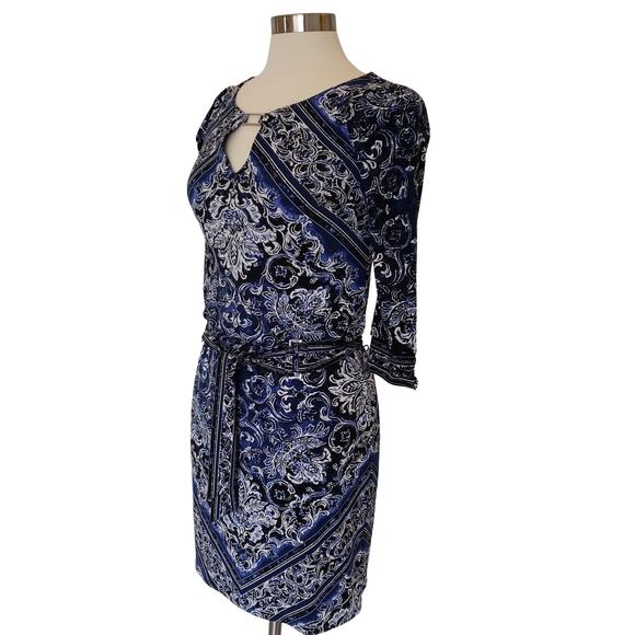 White House Black Market Damask Black Blue Dress w Silver Accents Size XXS - Picture 3 of 7